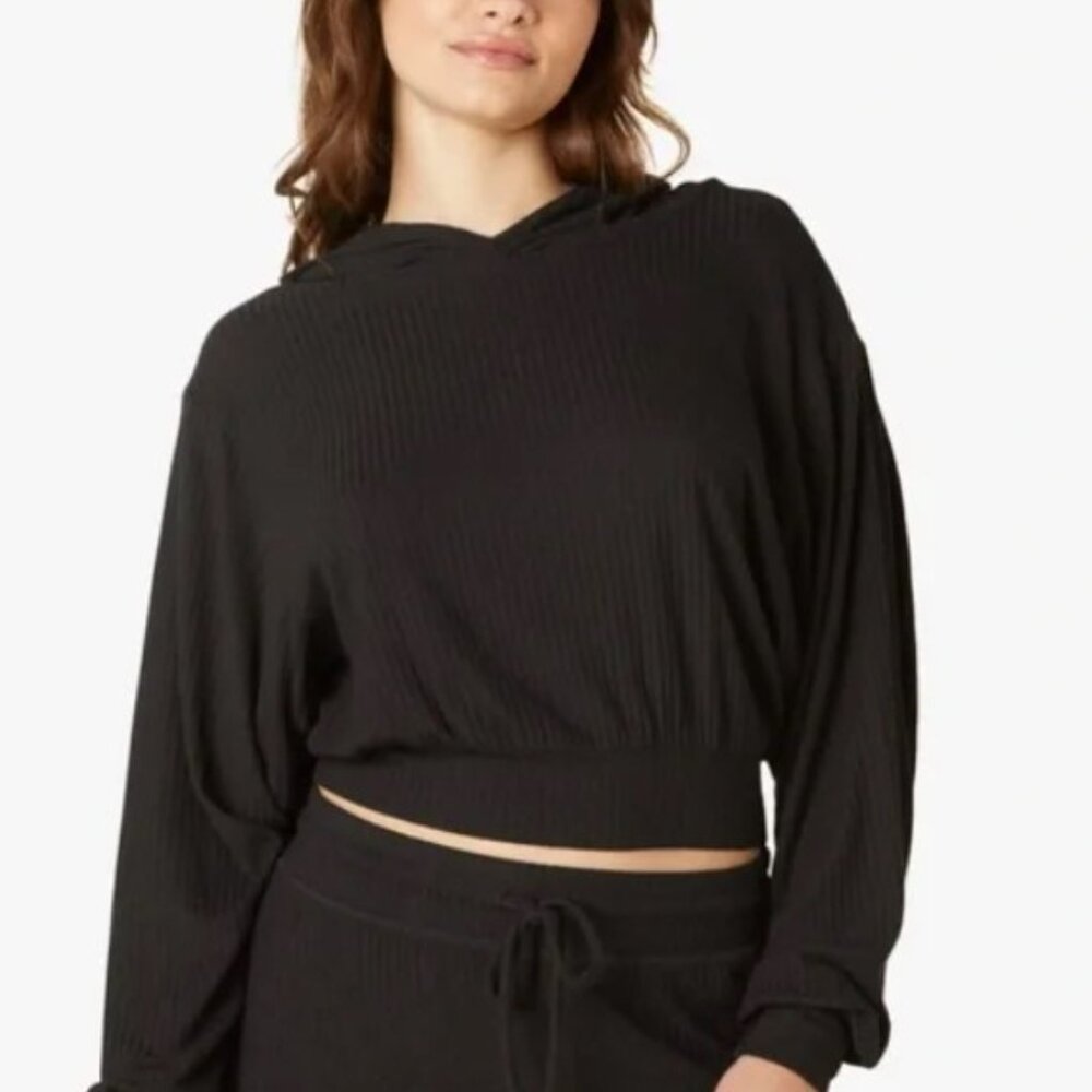 Women's BEYOND YOGA Black Ribbed Cropped Hoodie- Large- Sassy!